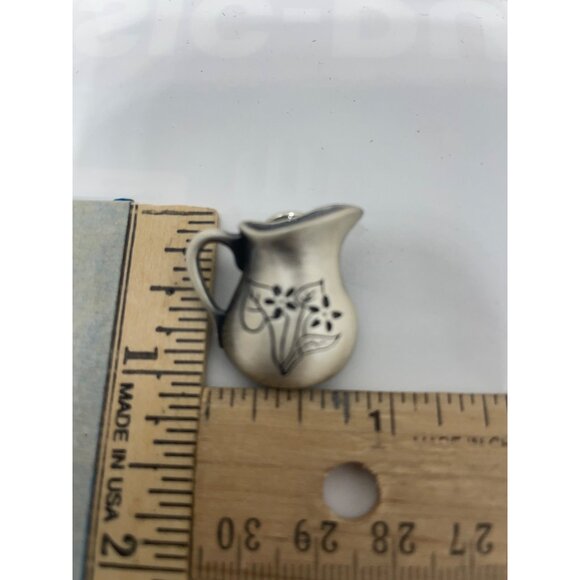 Tiny Pewter Pitcher Pin Brooch With Floral Design - Vintage Style Jewelry Piece - Picture 4 of 4